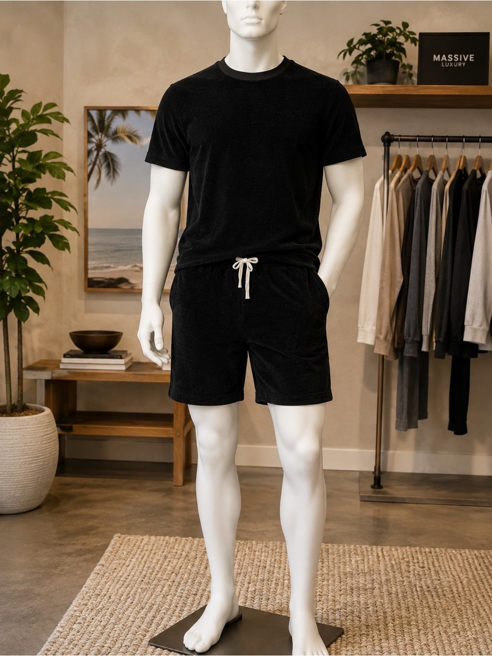 Massive Luxury Men's 2 pc Black Terry Drawstring Shirt and Shorts